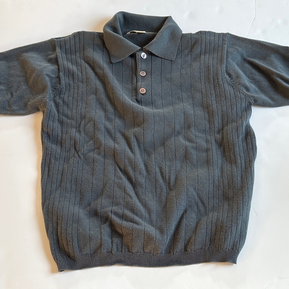 Vintage Perry Ellis Polo Pine Green Ribbed Knit Sweater Shirt M Y2K